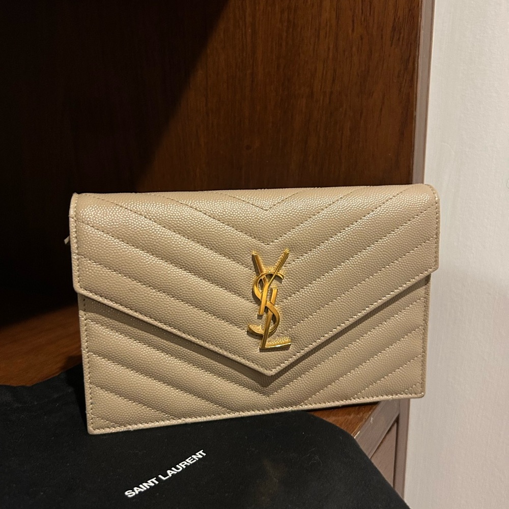 Saint Laurent Tan Chevron Quilted Clutch